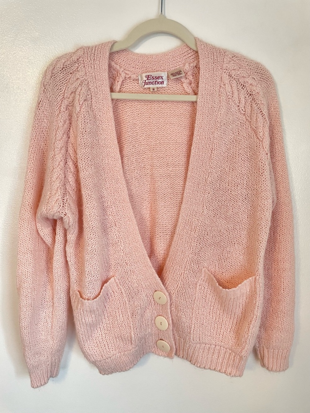 Essex Junction light pink cardigan with front pockets and large buttons small